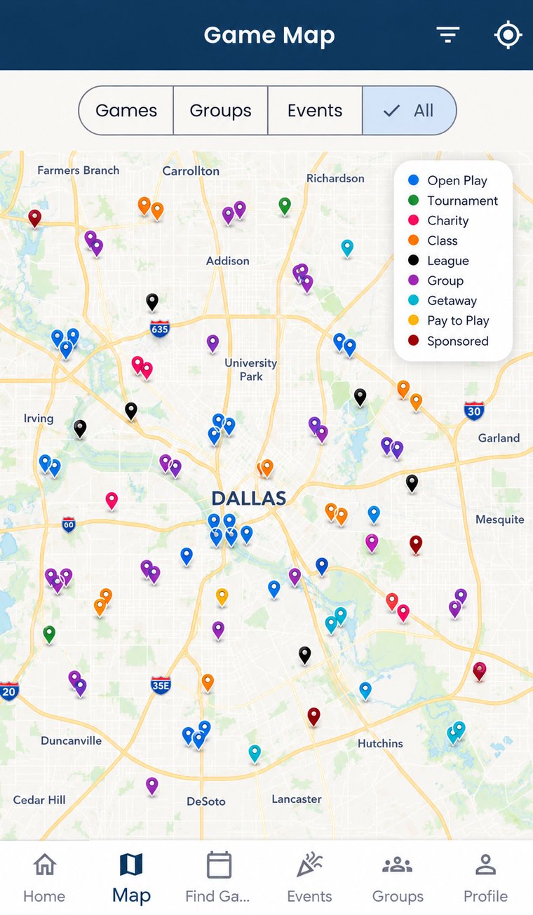 What the Mahjong app showing a map of open mahjong games near Dallas